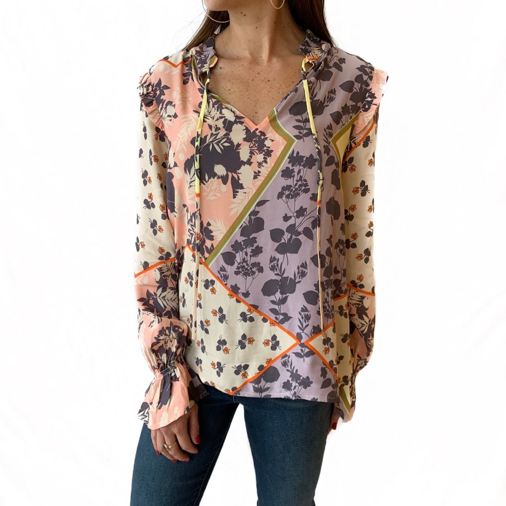 ~ SANCTUARY ~ Patchwork Floral Print Tunic Top Blouse sz L Long sleeve Ruffle